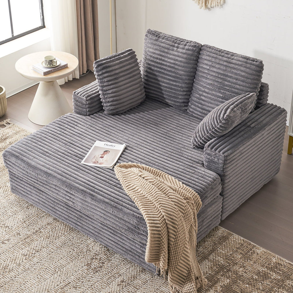 54.25  Chaise Lounge, Plush Corduroy Sofa Chair Bed with Throw Pillows and Armrests, Sleeper Chaise Lounge for Living Room,Dark Gray