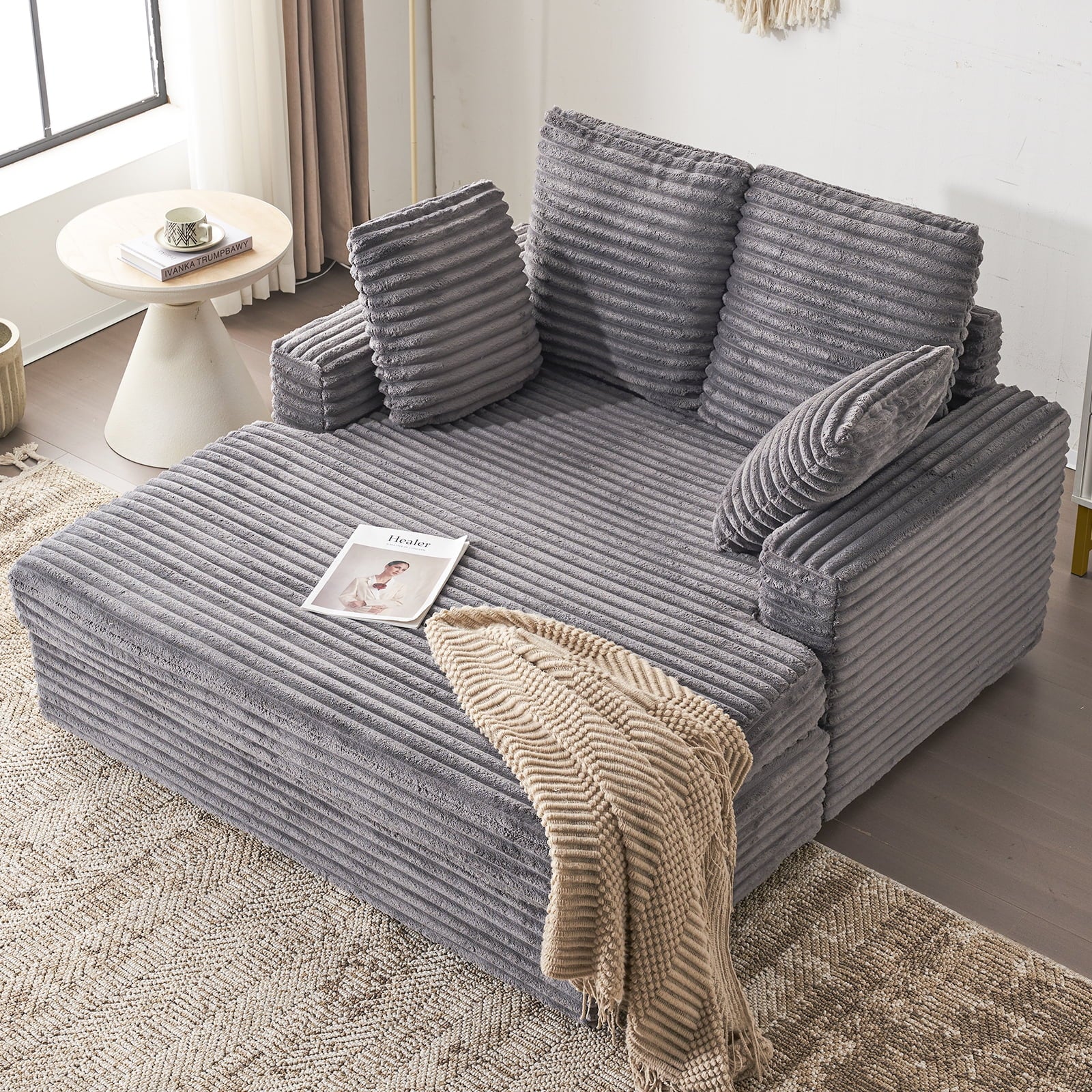54.25  Chaise Lounge, Plush Corduroy Sofa Chair Bed with Throw Pillows and Armrests, Sleeper Chaise Lounge for Living Room,Dark Gray