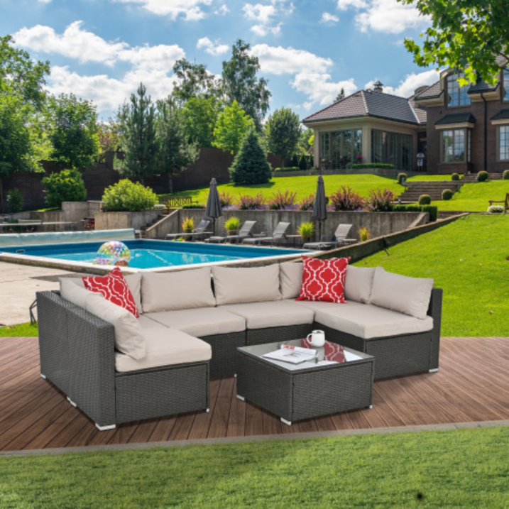 7 Piece Outdoor Patio Furniture Set, All Weather Rattan Patio Furniture Set with Glass Table and Ottoman, Wicker Patio Furniture Sectional Set for Garden Patio Balcony Porch Backyard, Dark Gray