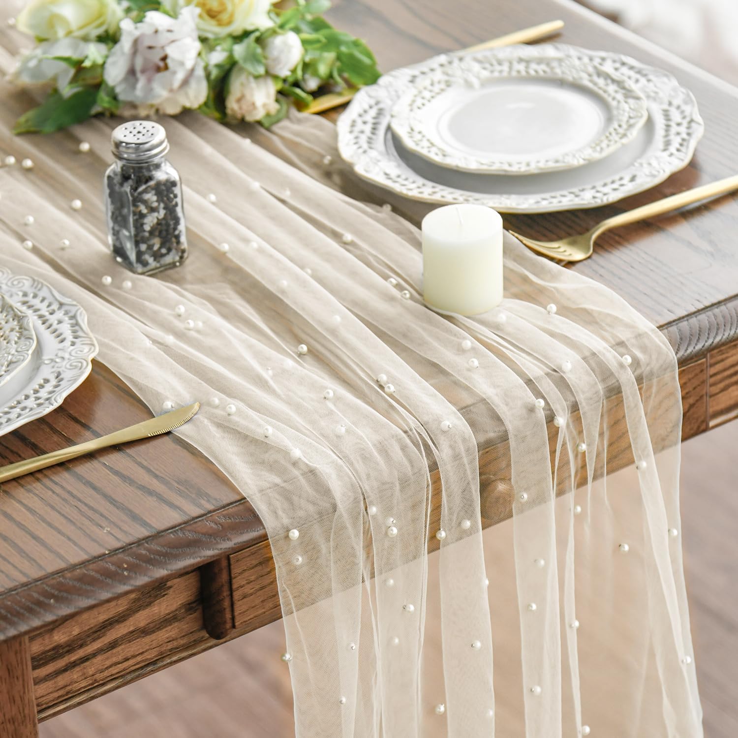 Beige Gauze Table Runner 120 Inch 10FT, Seasonal Sheer Dining Holiday Wedding Birthday Baby Shower Table Decor for Home Party