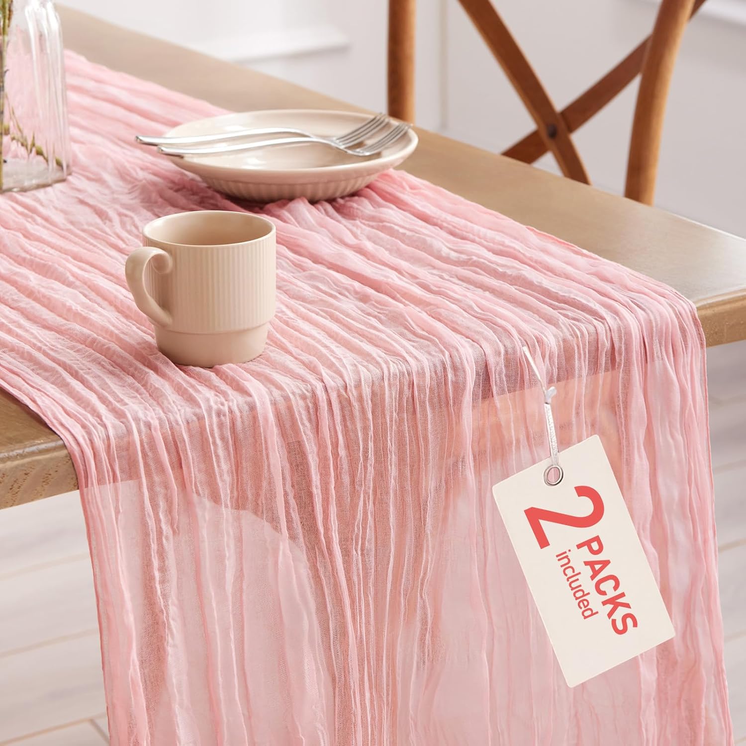 2-Pack Cheese Cloths Table Runner, 120'' Boho Table Cloth Decorations for Party, Baby Shower, Wedding and Farmhouse, Fabric Room Decor, Dusty Pink