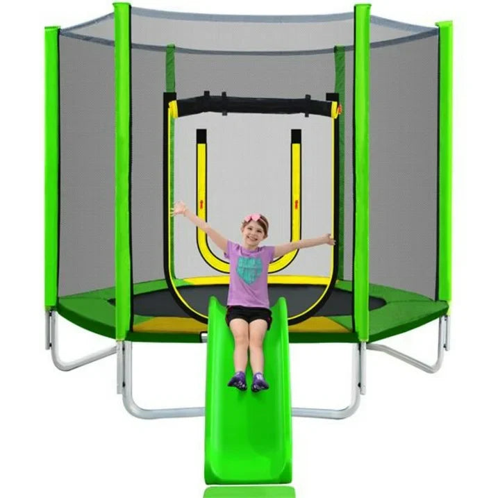 7 FT Trampoline for Kids Age3 12, SHINPT Round Recreational Trampolines with Safety Enclosure Net, Mini Outdoor Trampoline with Slide and Ladder, Easy Assembly, Outdoor, Indoor