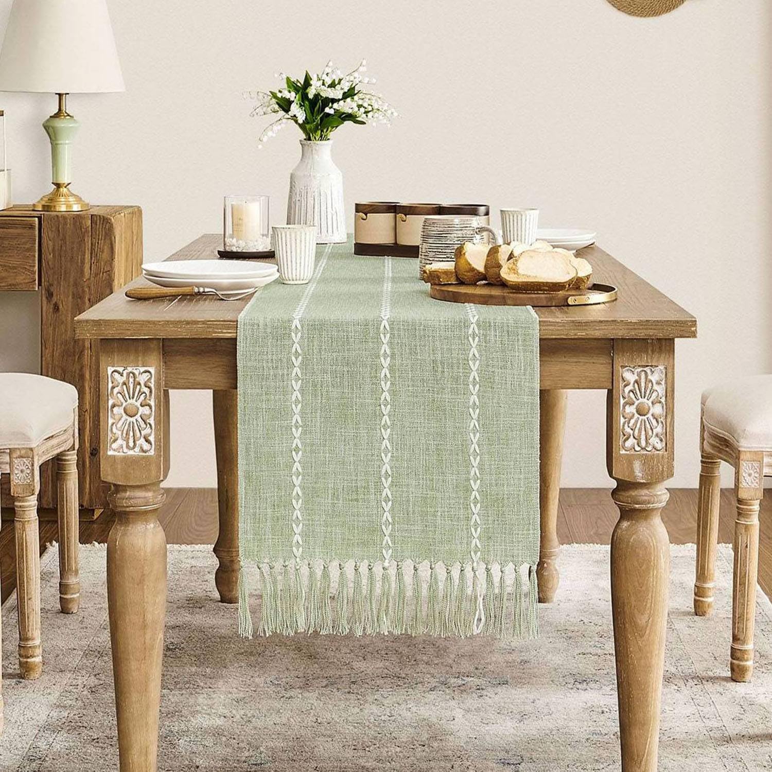 Farmhouse Braided Striped Table Runner, Rustic Sage Green Table Runners 72 Inches Long Boho Home Decor, Desert Sage 15x72 Inches