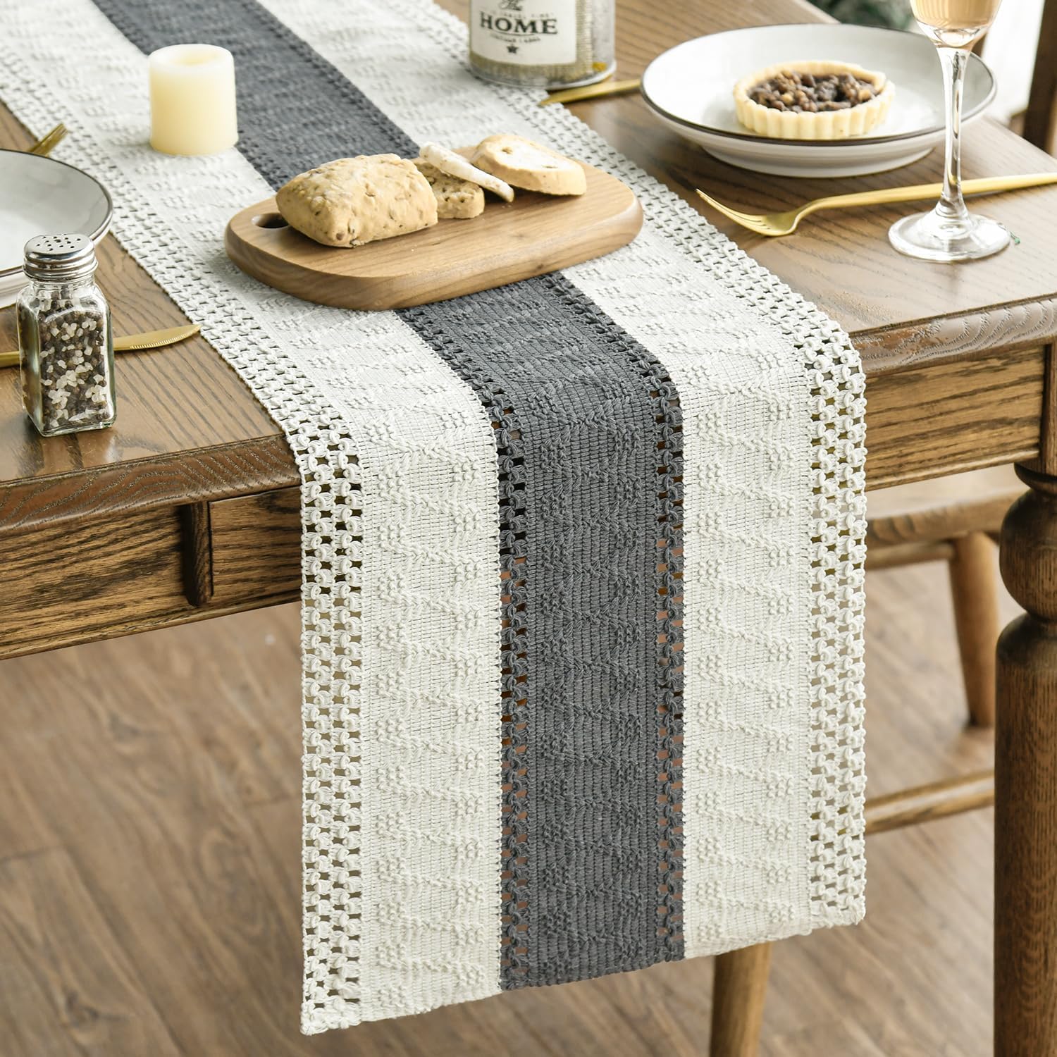 Dark Grey Farmhouse Rustic Table Runner, Seasonal Holiday Hollow Kitchen Dining Table Decoration for Home Party Decor 12x72 Inch