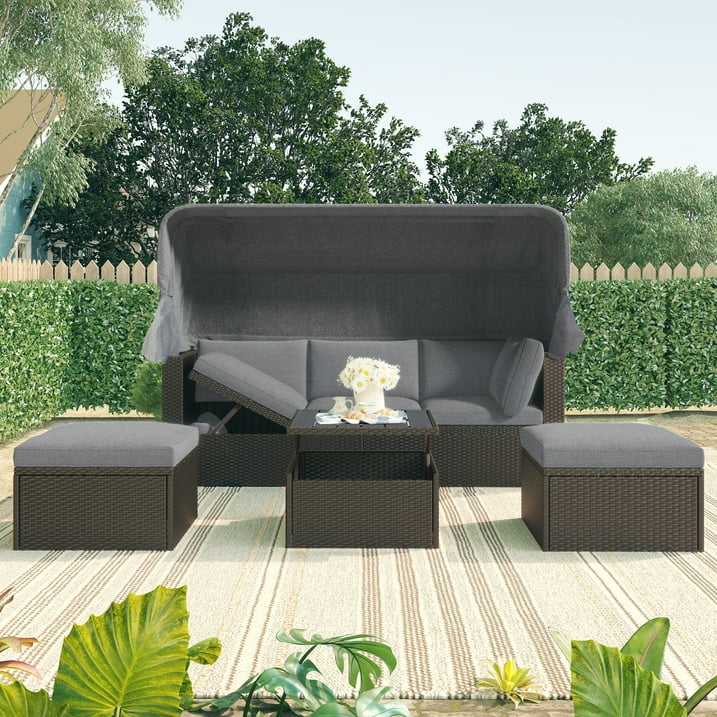 4 Piece Outdoor Daybed, PE Rattan Patio Daybed, Patio Sofa Set with Retractable Canopy, Cushions and Lifting Table, Patio Bed Furniture for Garden, Backyard, Gray