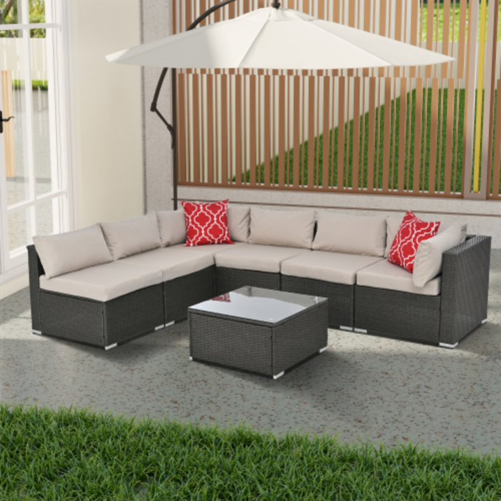 7 Piece Outdoor Patio Furniture Set, All Weather Rattan Patio Furniture Set with Glass Table and Ottoman, Wicker Patio Furniture Sectional Set for Garden Patio Balcony Porch Backyard, Dark Gray