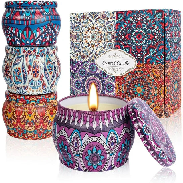 4 Pack Scented Candles Gift Set, 4.4 Oz Aromatherapy Candles Gift for Mom, 100% Natural Soy Wax Portable Candles, Stress Relief Gifts for Women, Ideal Gifts for Valentine‘s Day