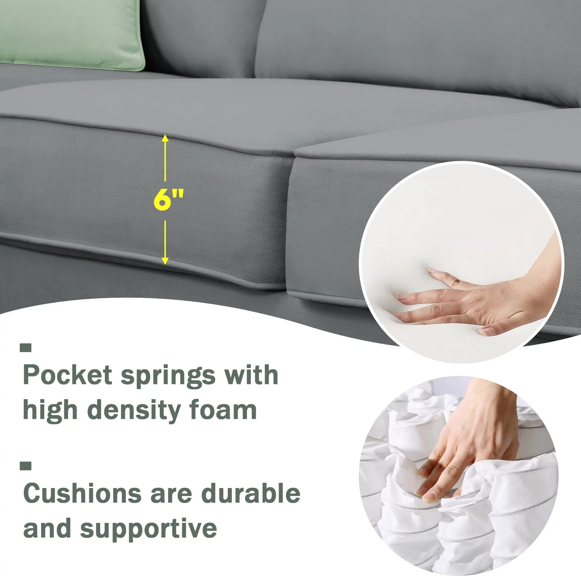 7 Seats Modular Sectional Sofa with Ottoman, L Shape Fabric Sofa Corner Couch Set Living Room Couches Sets with 3 Pillows, Gray, 112" x 87"
