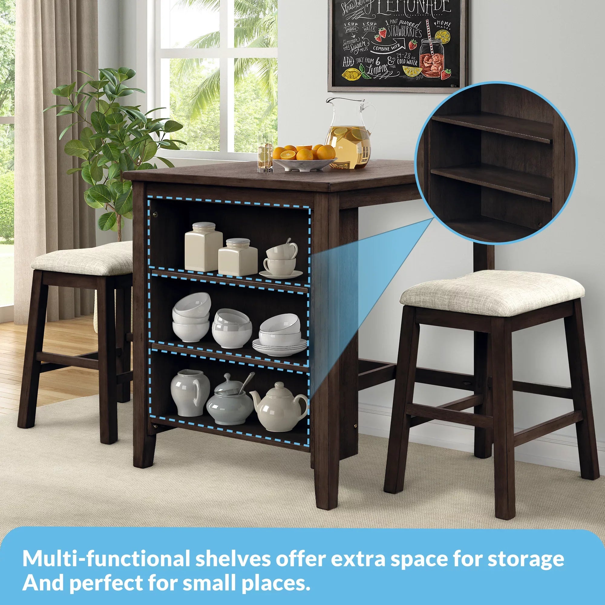 3 Piece 35.8" Dining Table with Padded Stools, Table Set with Storage Shelf,Brown