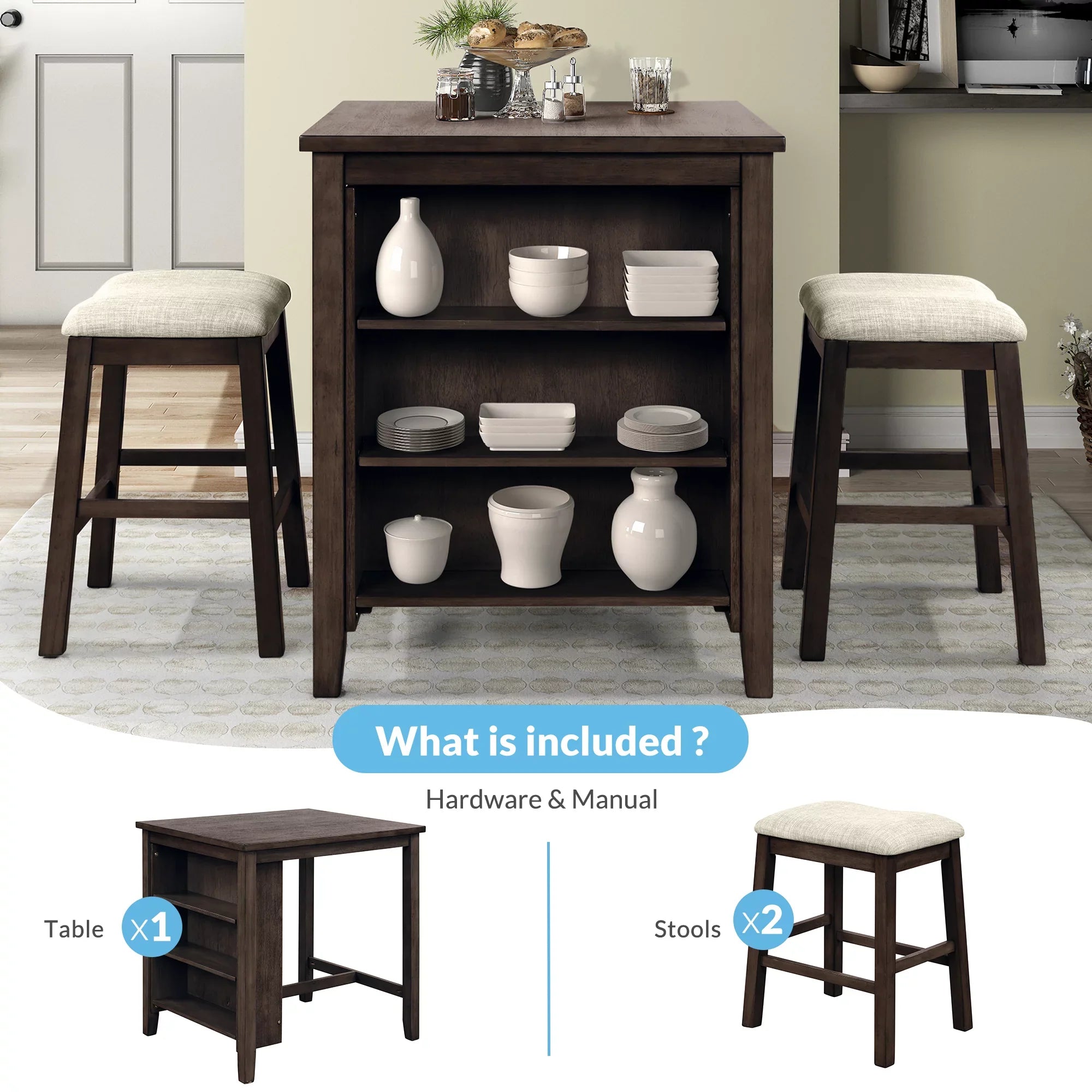 3 Piece 35.8" Dining Table with Padded Stools, Table Set with Storage Shelf,Brown