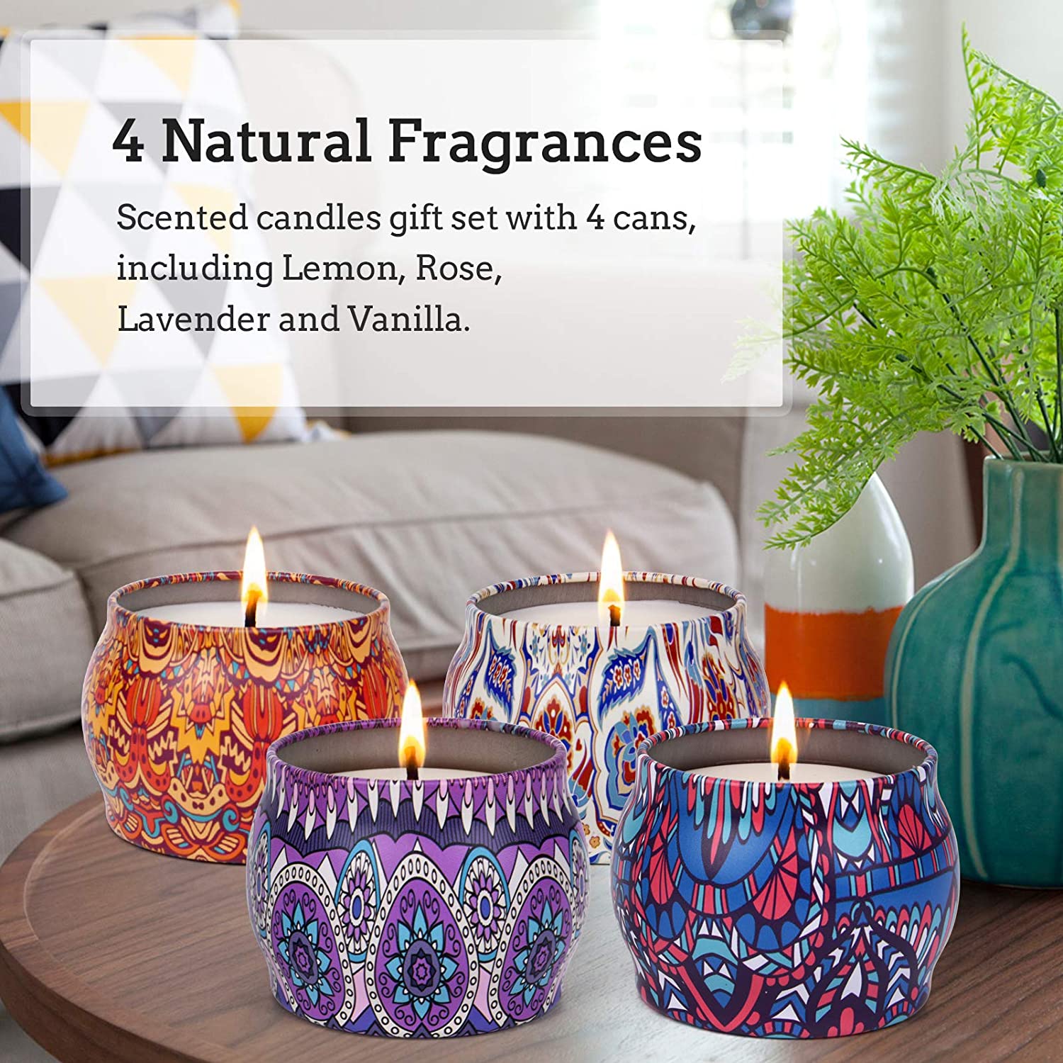 4 Pack Scented Candles Gift Set, 4.4 Oz Aromatherapy Candles Gift for Mom, 100% Natural Soy Wax Portable Candles, Stress Relief Gifts for Women, Ideal Gifts for Valentine‘s Day
